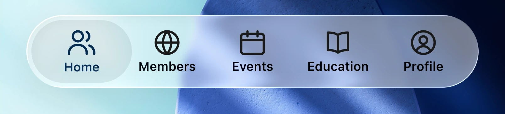 The 2026 CEO XB tab bar as a floating translucent capsule over a photographic background, labeled Home, Members, Events, Education, Profile